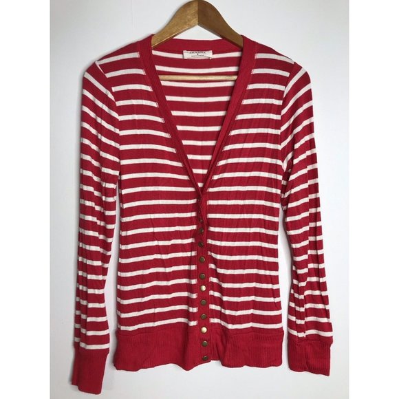 Zenana Women's Size Small Red White Striped Snap Button Long Sleeve Knit Top - Picture 1 of 6